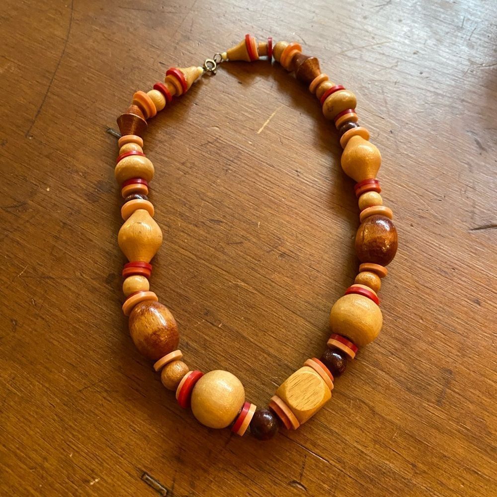 Vintage Wooden Beaded Necklace with Red Accents
